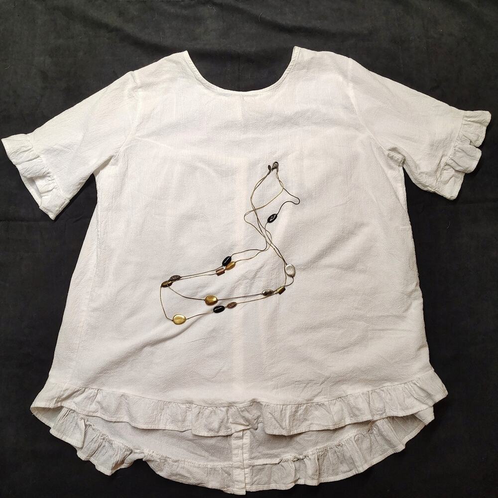 Worthier Pure Linen Crepe Ruffle High-Low Women's Blouse White Medium Cottagecor